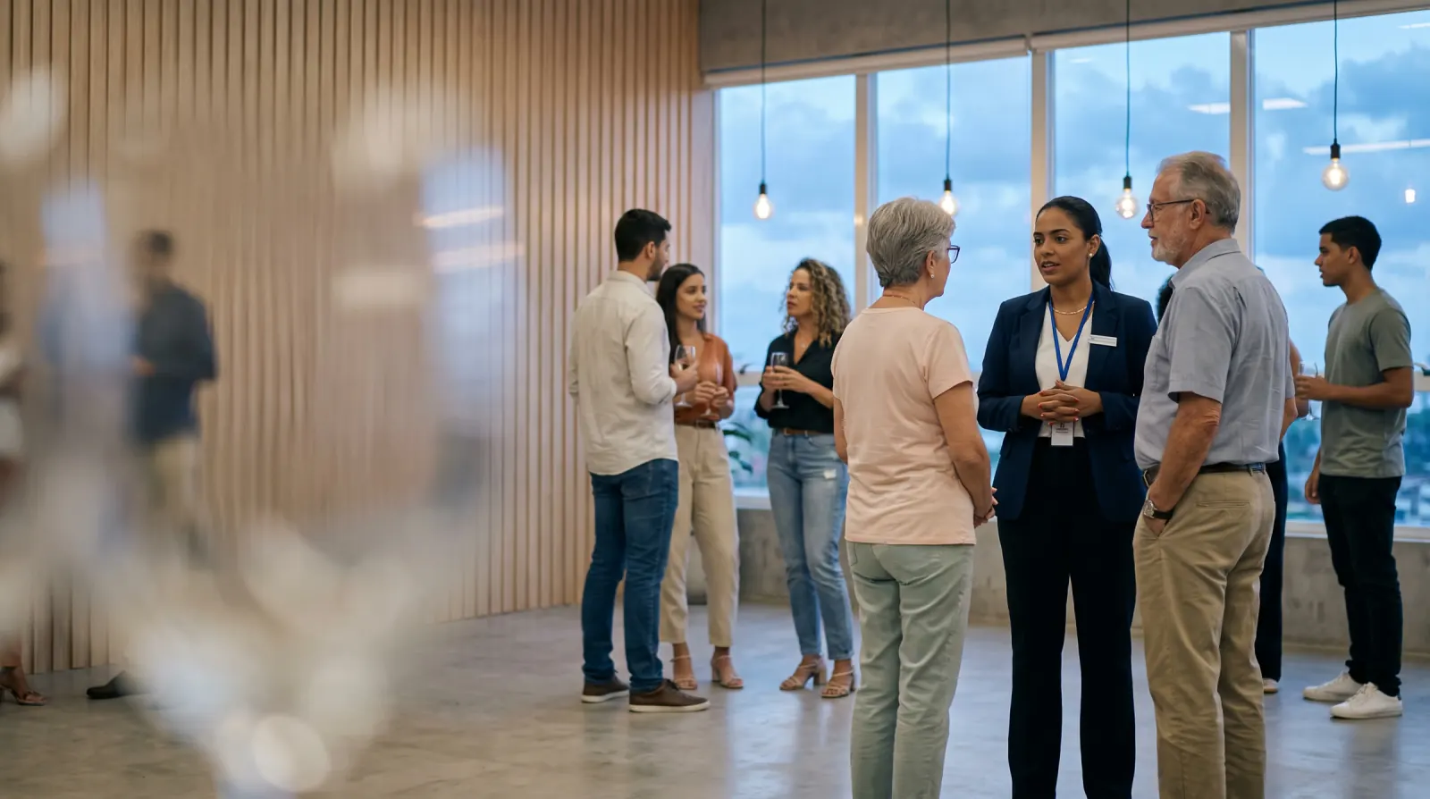 Clientes e representante da GVF reunidos em um espaço de eventos
