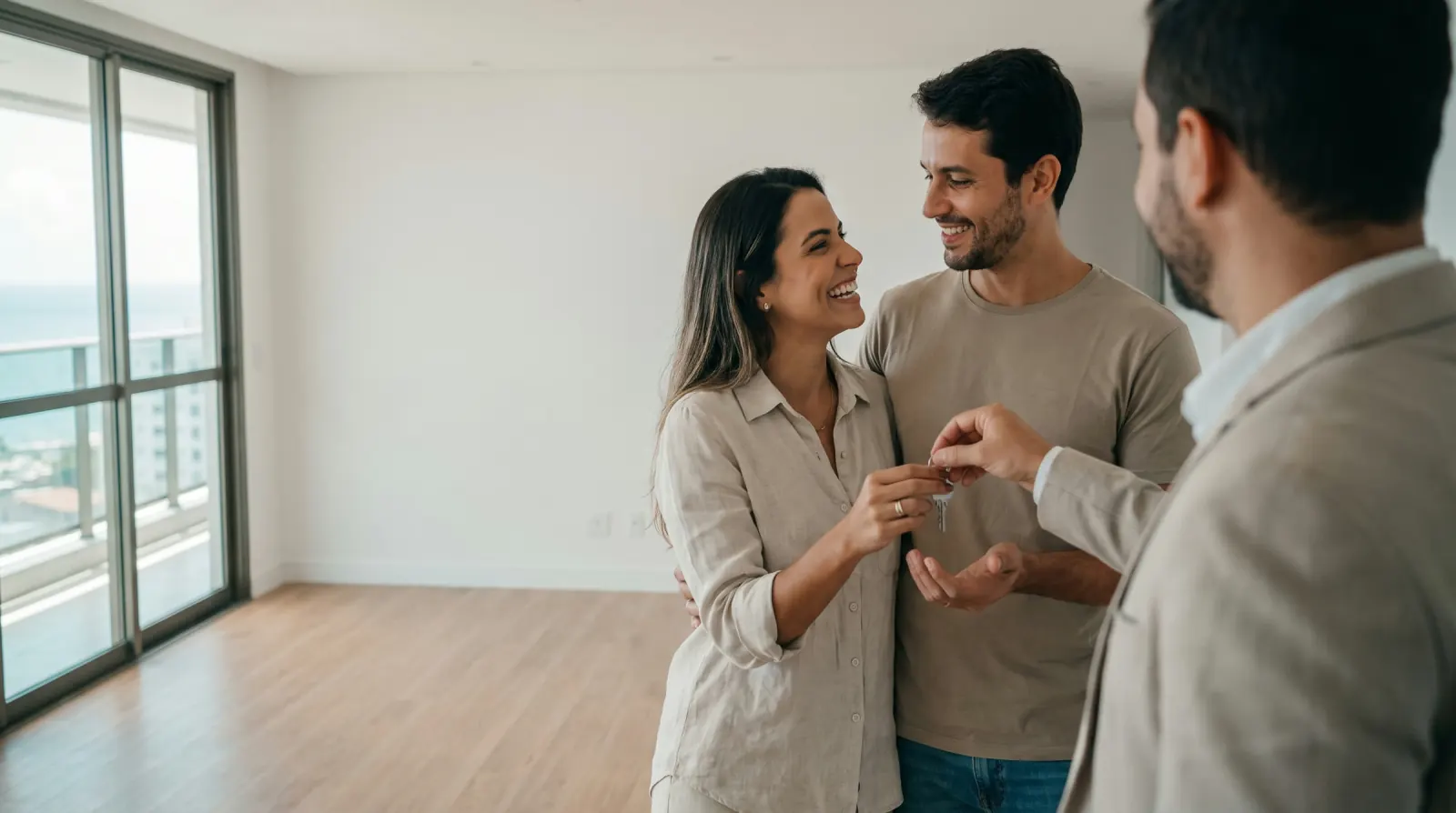 Casal recebendo as chaves do novo apartamento