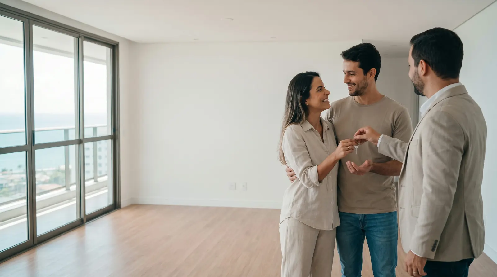 Casal recebendo as chaves de um apartamento GVF