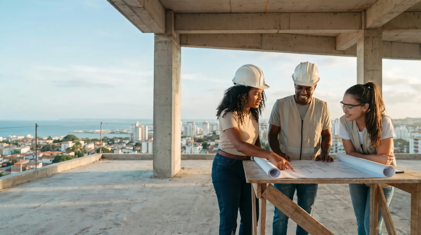 Equipe analisando a planta de um empreendimento na obra