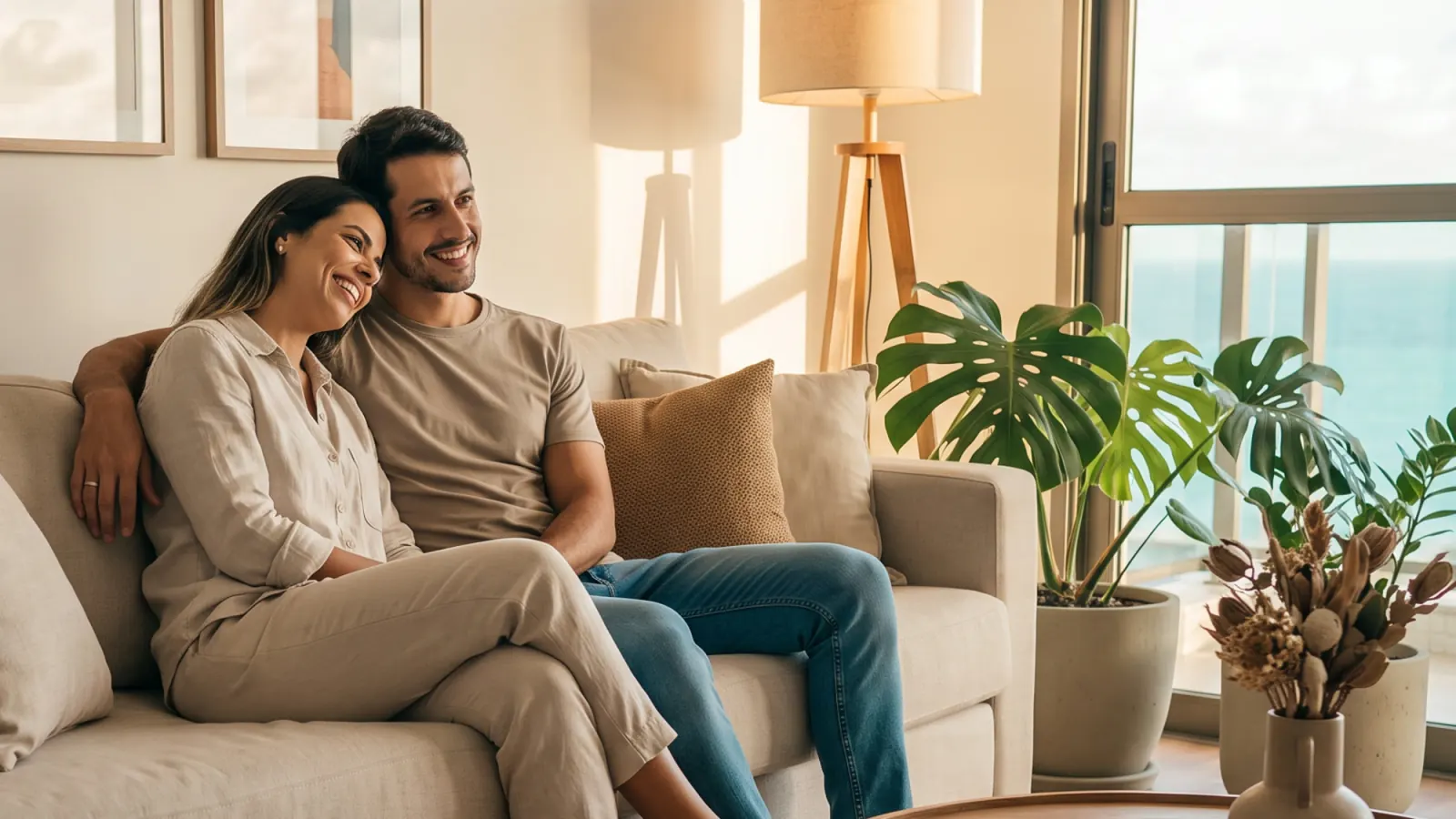 Casal no sofá do novo apartamento