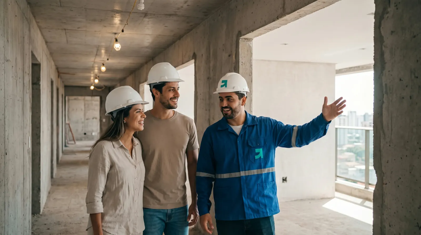 Casal visitando a obra com um engenheiro