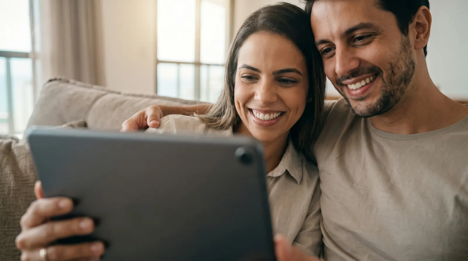 Casal acompanhando novidades do empreendimento em um tablet